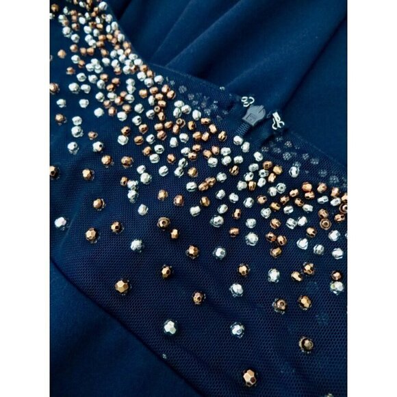 NEW! ALEX EVENINGS Sheath Crepe Dress Beaded Illusion Bell Sleeve Blue SZ 14P - Picture 9 of 11